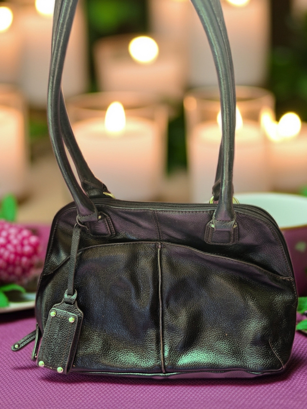 Tignanello Black Leather Shoulder Bag with Tag Accent
